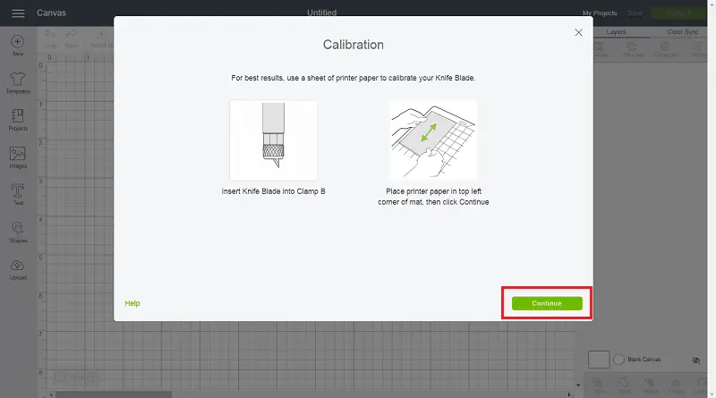 Knife Blade Calibration - Load Knife Blade Click Continue