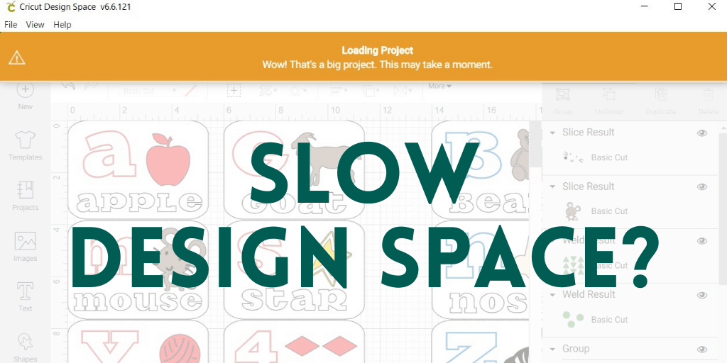 slow design space overlayed on cricut design space screen shot