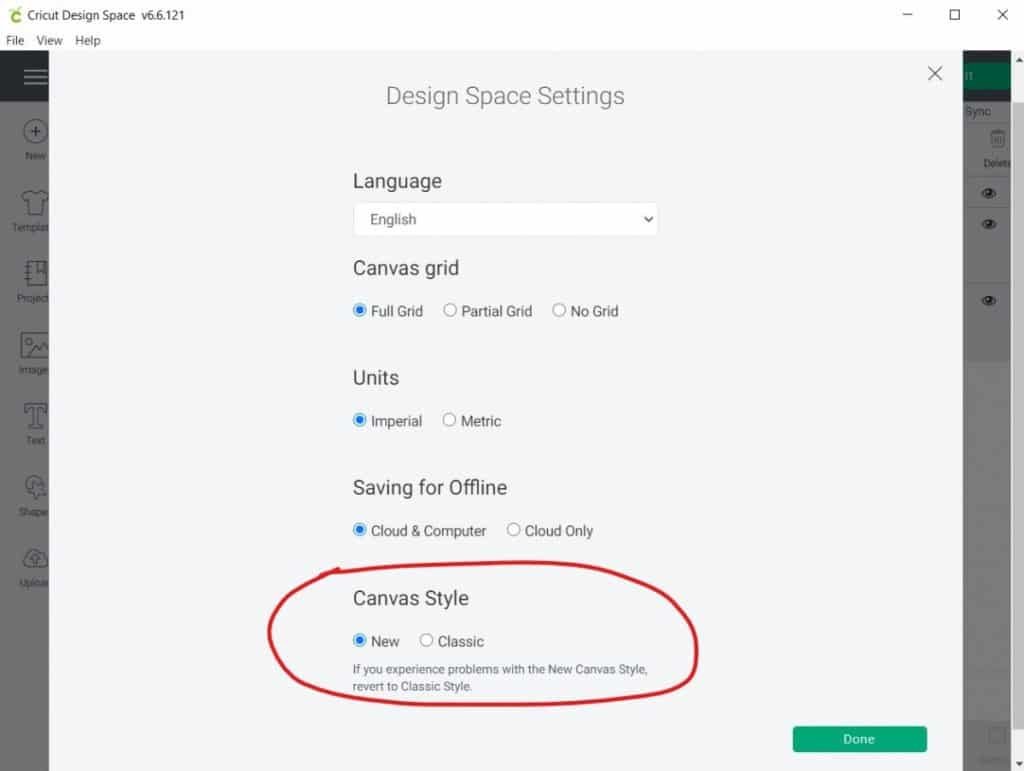 revert to classic canvas style in Cricut Design Space
