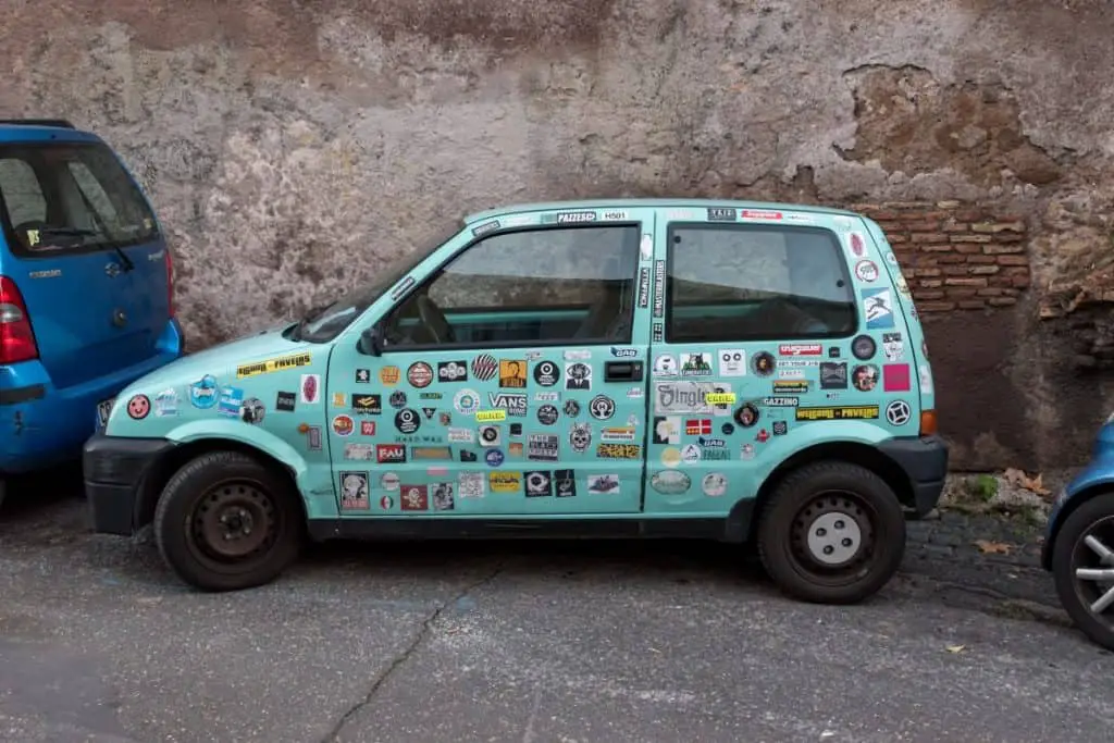 car covered in stickers decals