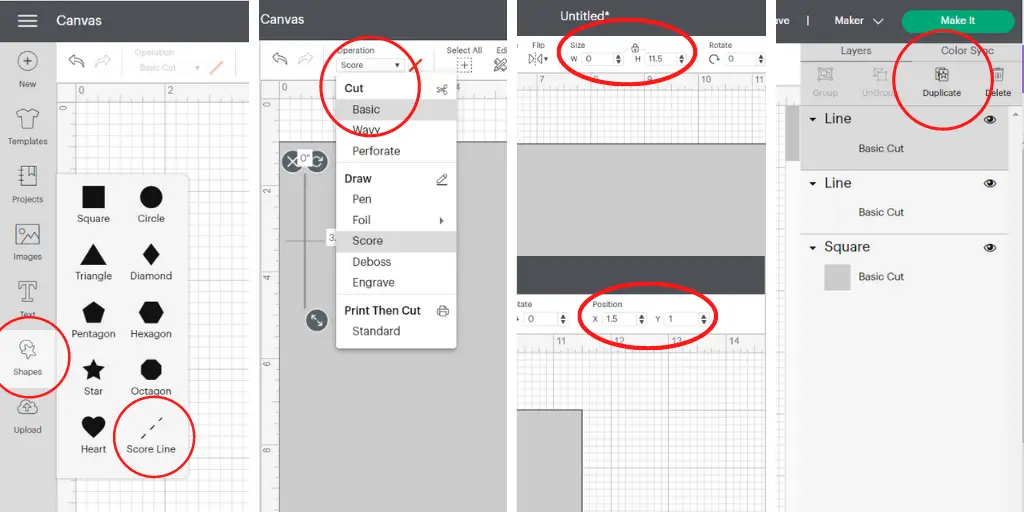 Cricut Design space insert score line, resize objec, move object, change to cut from score, duplicate object