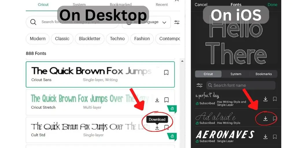 screen shot of cricut design space for iOS and desktop. how to download a font for offline use