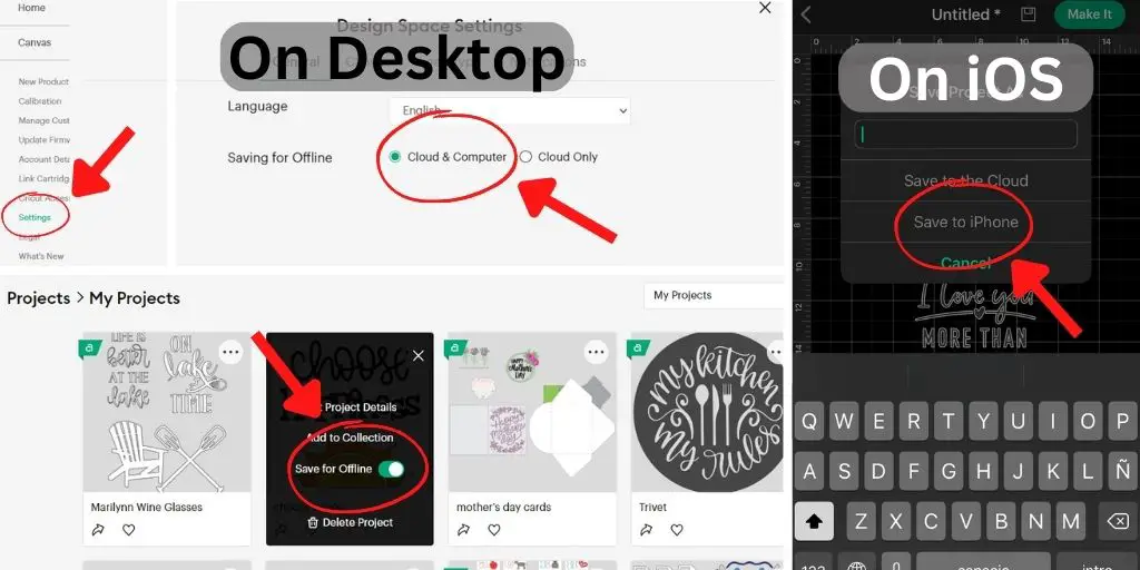screen shot of cricut design space for iOS and desktop. how to save a project for offline use